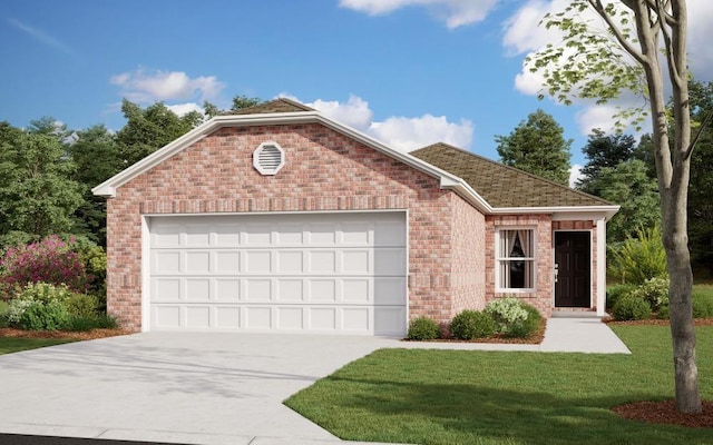 single story home with an attached garage, concrete driveway, a front lawn, and brick siding