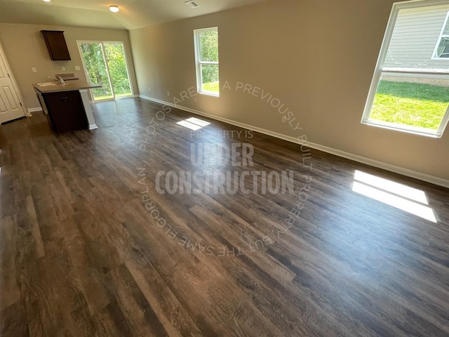 unfurnished living room with dark wood-style flooring, visible vents, baseboards, and a sink