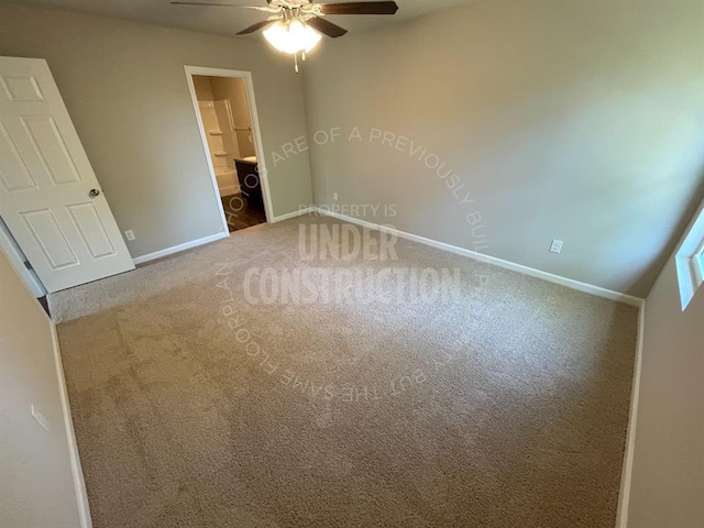 unfurnished bedroom featuring baseboards, ceiling fan, and carpet
