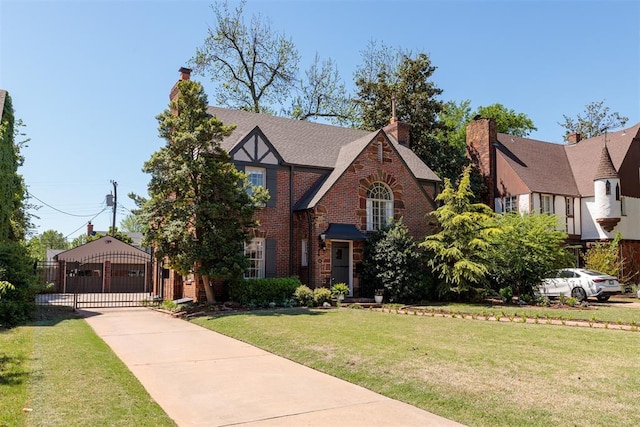 812 NW 38th St, Oklahoma City, OK 73118 - english style home with a chimney, a gate, fence, a front lawn, and brick siding