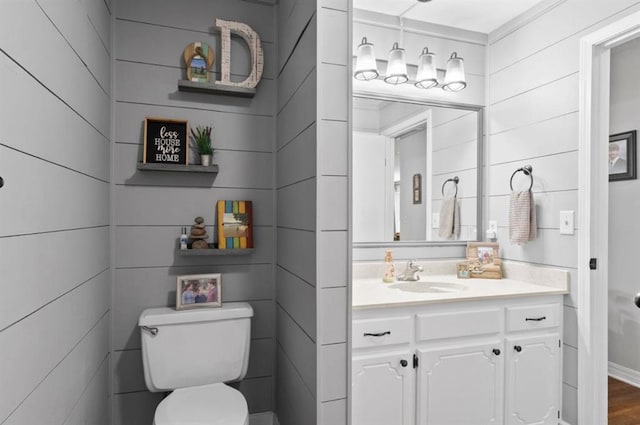 bathroom featuring toilet, vanity, and wood finished floors