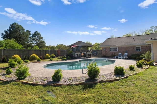 view of pool with a fenced in pool, a fenced backyard, a gazebo, a patio area, and a yard