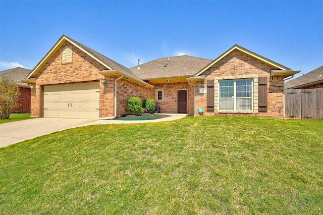 73 Bonaire Dr, Edmond, OK 73013 - ranch-style house with brick siding, an attached garage, concrete driveway, and a shingled roof