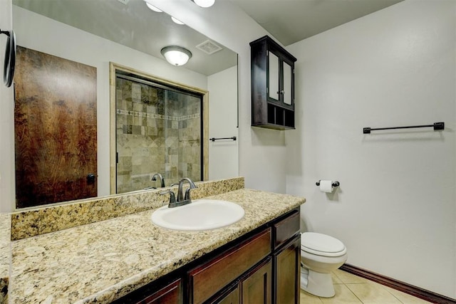 73 Bonaire Dr, Edmond, OK 73013 - bathroom featuring tile patterned flooring, a stall shower, toilet, baseboards, and vanity