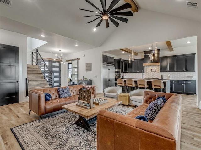 1330 Acclivis Ct, Newcastle, OK 73065 - living area featuring light wood finished floors, lofted ceiling with beams, visible vents, and stairs