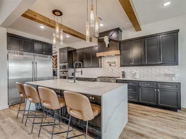 1330 Acclivis Ct, Newcastle, OK 73065 - kitchen featuring built in appliances, light stone counters, beam ceiling, and decorative backsplash