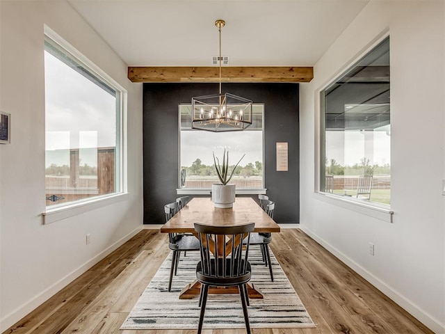 1330 Acclivis Ct, Newcastle, OK 73065 - dining area featuring beamed ceiling, visible vents, wood finished floors, a notable chandelier, and baseboards