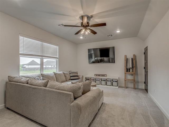 1330 Acclivis Ct, Newcastle, OK 73065 - living room featuring visible vents, ceiling fan, light colored carpet, and baseboards