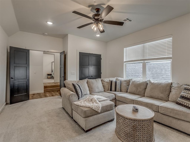 1330 Acclivis Ct, Newcastle, OK 73065 - living area with light colored carpet, a ceiling fan, visible vents, recessed lighting, and baseboards