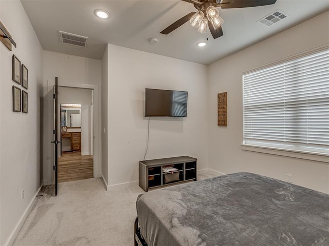 1330 Acclivis Ct, Newcastle, OK 73065 - bedroom featuring visible vents, light colored carpet, baseboards, and ceiling fan