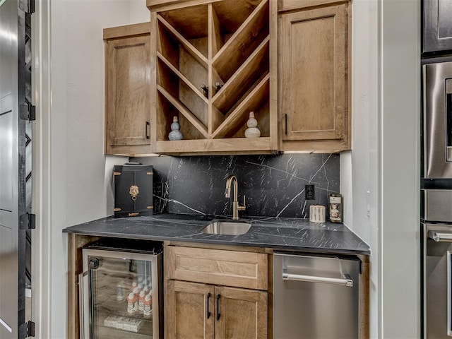 1330 Acclivis Ct, Newcastle, OK 73065 - kitchen featuring beverage cooler, dishwasher, decorative backsplash, open shelves, and brown cabinets