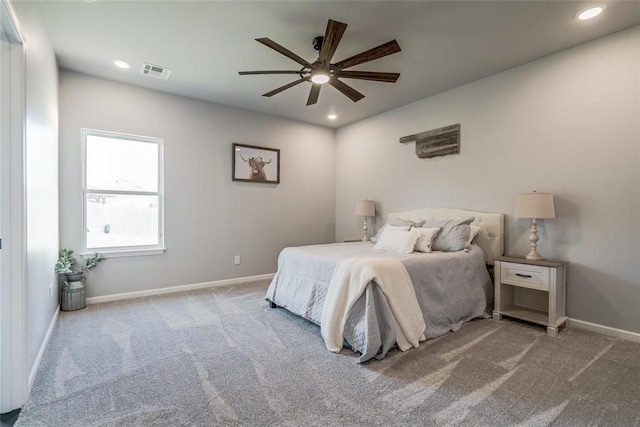 carpeted bedroom with baseboards, a ceiling fan, visible vents, and recessed lighting