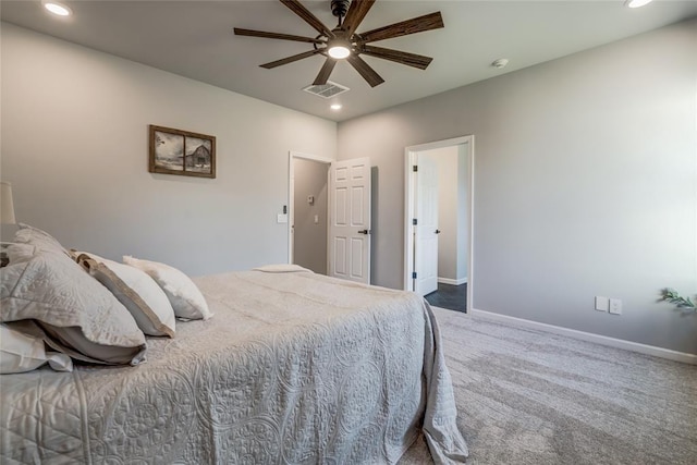 bedroom with recessed lighting, baseboards, visible vents, and carpet floors