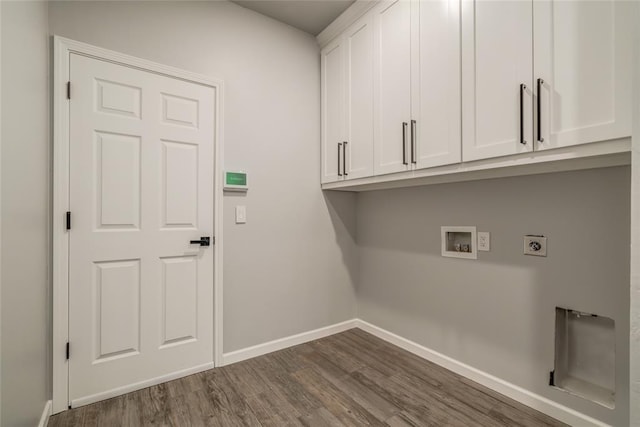 laundry area featuring baseboards, washer hookup, dark wood-style floors, hookup for an electric dryer, and cabinet space