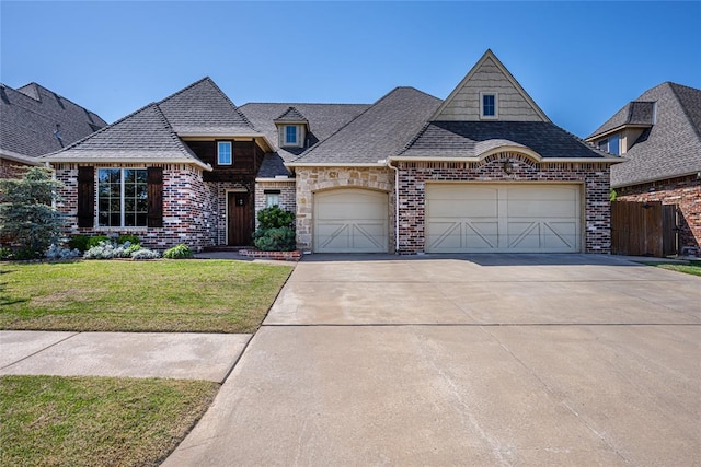 view of front of home with a front yard, a shingled roof, an attached garage, fence, and concrete driveway