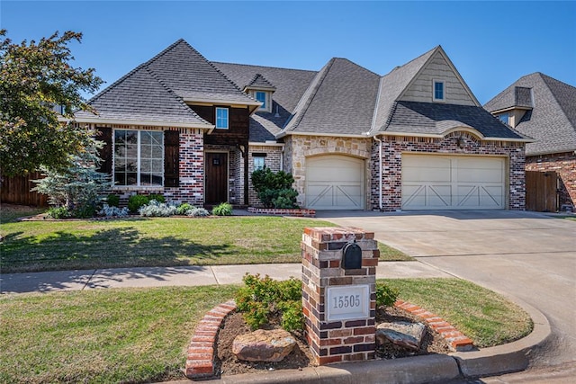 view of front of house with a front yard, a garage, fence, driveway, and roof with shingles