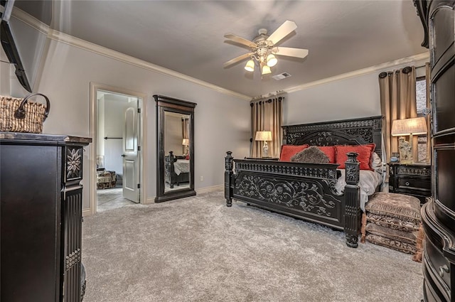 bedroom with ceiling fan, carpet, ornamental molding, visible vents, and baseboards