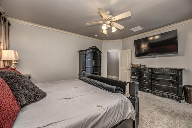bedroom with carpet, visible vents, and ornamental molding