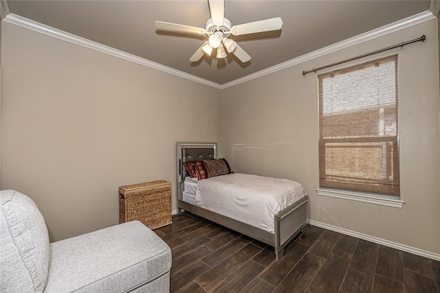 bedroom featuring a ceiling fan, ornamental molding, baseboards, and dark wood finished floors