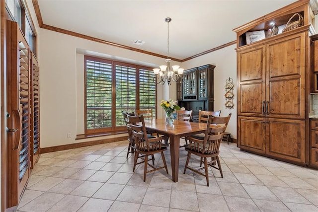 3920 Creek Bank Dr, Edmond, OK 73003 - dining area featuring a chandelier, crown molding, and light tile patterned floors