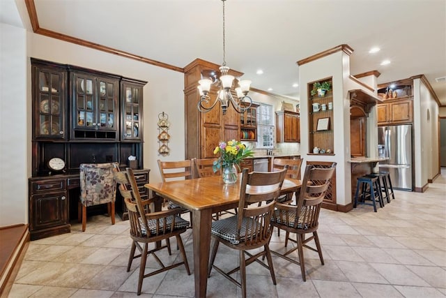 3920 Creek Bank Dr, Edmond, OK 73003 - dining room featuring ornamental molding, a chandelier, recessed lighting, and light tile patterned flooring