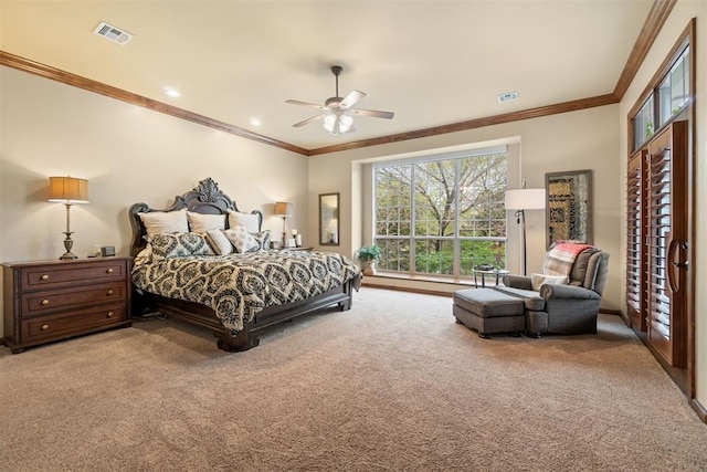 3920 Creek Bank Dr, Edmond, OK 73003 - carpeted bedroom with crown molding and a ceiling fan