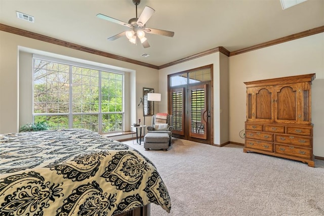 3920 Creek Bank Dr, Edmond, OK 73003 - carpeted bedroom with access to outside, ornamental molding, and a ceiling fan