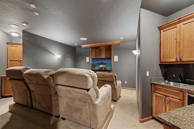 3920 Creek Bank Dr, Edmond, OK 73003 - cinema room with a sink and light carpet