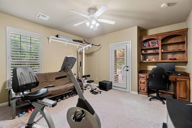 3920 Creek Bank Dr, Edmond, OK 73003 - exercise room featuring healthy amount of natural light, ceiling fan, and carpet