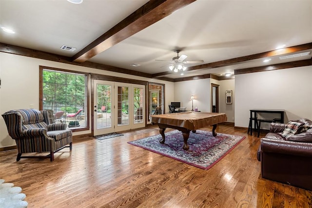 3920 Creek Bank Dr, Edmond, OK 73003 - rec room with beam ceiling, french doors, wood finished floors, ceiling fan, and pool table