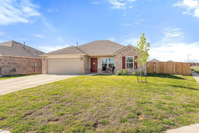 single story home with a garage, a front yard, fence, brick siding, and driveway