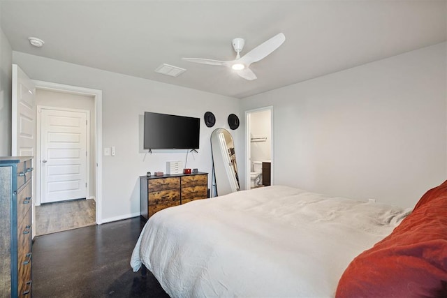 bedroom with concrete flooring, baseboards, and a ceiling fan