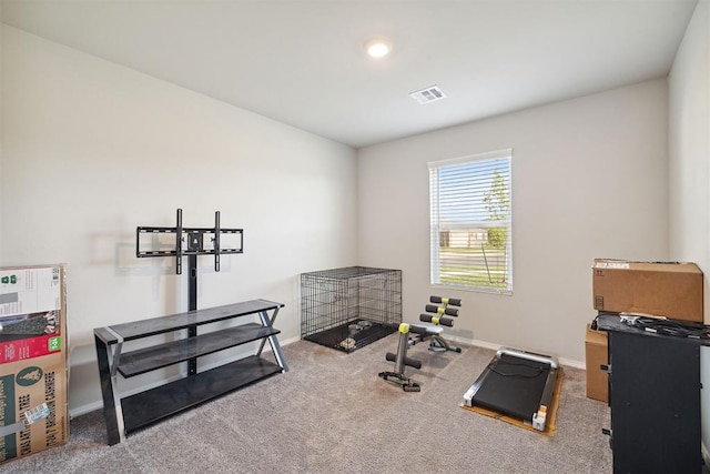 exercise room featuring baseboards, carpet, and visible vents