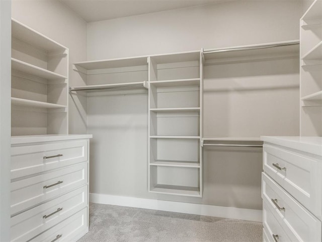walk in closet with light carpet