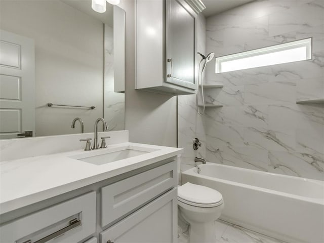 full bathroom with toilet, bathing tub / shower combination, marble finish floor, and vanity