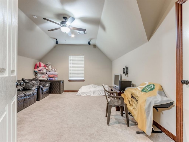 carpeted bedroom featuring visible vents, baseboards, a ceiling fan, and lofted ceiling