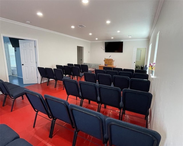 8100 NE 23rd St, Midwest City, OK 73141 - home theater with recessed lighting, visible vents, and ornamental molding