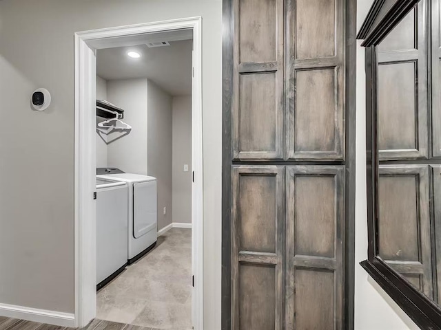 laundry area featuring recessed lighting, laundry area, visible vents, baseboards, and washer and dryer