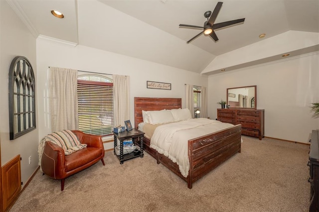 2400 Lost Lake Ln, Yukon, OK 73099 - bedroom with light colored carpet, lofted ceiling, baseboards, ceiling fan, and recessed lighting