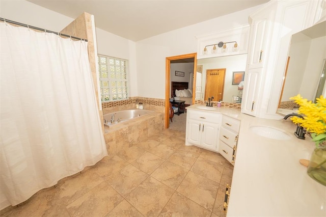 2400 Lost Lake Ln, Yukon, OK 73099 - bathroom featuring a garden tub, double vanity, and a shower with shower curtain