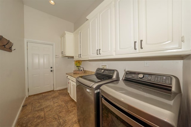 2400 Lost Lake Ln, Yukon, OK 73099 - laundry area featuring baseboards, cabinet space, separate washer and dryer, stone finish flooring, and recessed lighting
