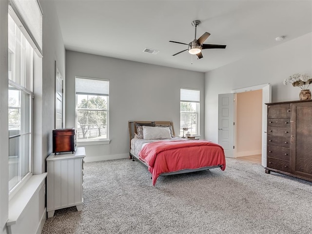 104 Rue De Montserrat, Norman, OK 73071 - bedroom with carpet flooring, visible vents, baseboards, and ceiling fan