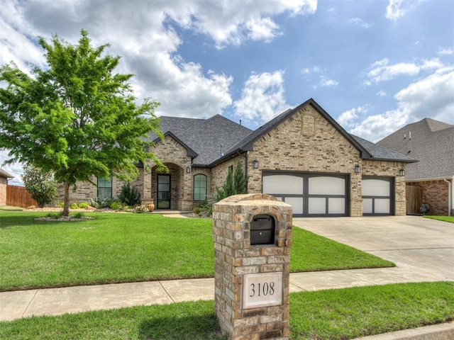 3108 Drake Crest Dr, Edmond, OK 73034 - french country home featuring a front lawn, driveway, a shingled roof, and an attached garage