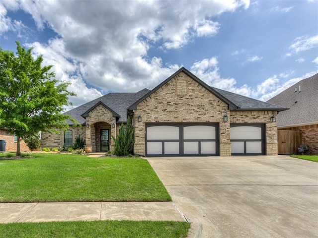 3108 Drake Crest Dr, Edmond, OK 73034 - french provincial home with a garage, a front lawn, concrete driveway, and roof with shingles