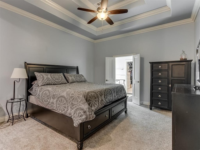 3108 Drake Crest Dr, Edmond, OK 73034 - bedroom with ornamental molding, baseboards, light carpet, and a tray ceiling
