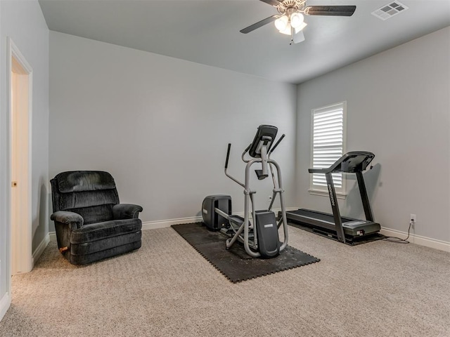 3108 Drake Crest Dr, Edmond, OK 73034 - workout room featuring visible vents, ceiling fan, carpet, and baseboards