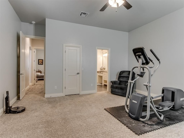 3108 Drake Crest Dr, Edmond, OK 73034 - workout area with carpet, visible vents, ceiling fan, and baseboards