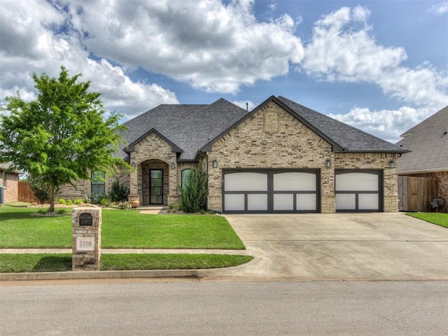 3108 Drake Crest Dr, Edmond, OK 73034 - french country home with concrete driveway, a shingled roof, fence, a front lawn, and a garage