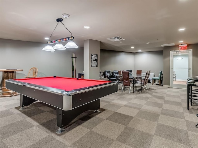recreation room featuring baseboards, visible vents, pool table, and recessed lighting