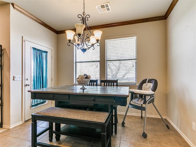 3515 Homesteaders Ln, Guthrie, OK 73044 - dining space with crown molding, a chandelier, light tile patterned floors, baseboards, and visible vents